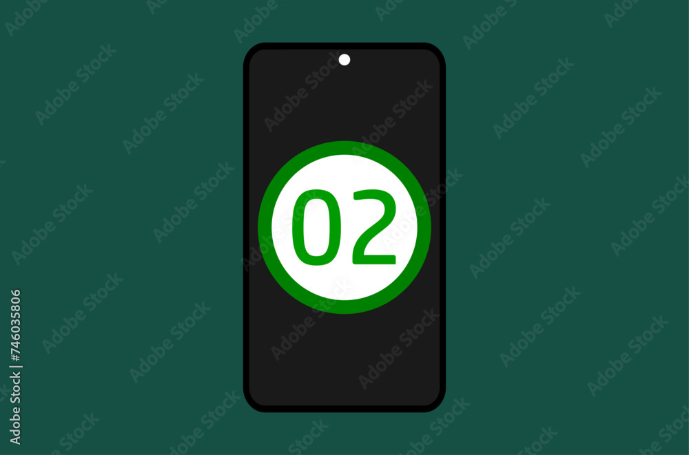 A phone screen showing number two within a circle isolated on a greenish background A phone screen showing number two within a circle isolated on a greenish background