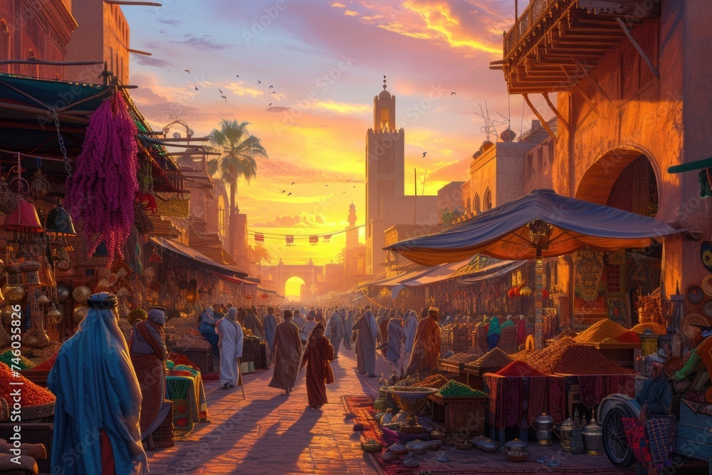 The warm glow of sunset bathes a traditional Moroccan market, where locals engage in commerce amid vibrant stalls and goods. Resplendent. - obrazy, fototapety, plakaty 