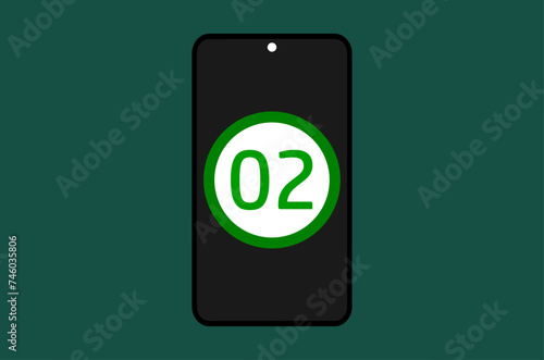 A phone screen showing number two within a circle isolated on a greenish background 