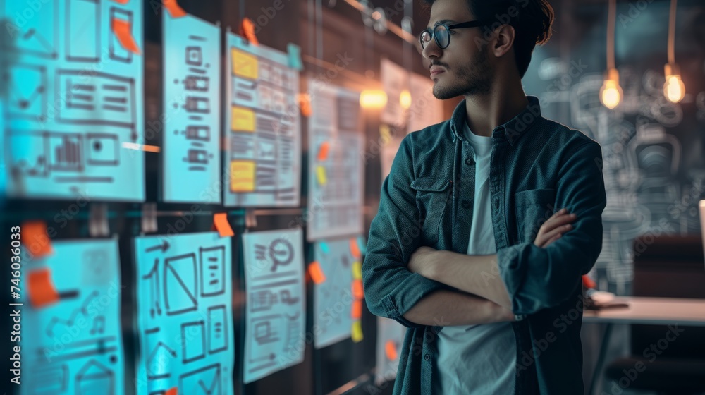 A creative designer stands with arms crossed, thoughtfully analyzing sketches and plans displayed on a wall in a modern, dimly lit office.
A creative designer stands with arms crossed, thoughtfully analyzing sketches and plans displayed on a wall in a modern, dimly lit office.