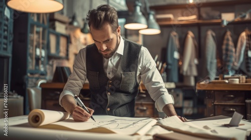 A fashion designer in a stylish studio sketches new clothing designs on a large desk, surrounded by fabrics and garments, demonstrating creativity and meticulousness.