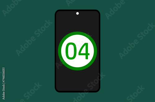 A phone screen showing number four within a circle isolated on a greenish background 