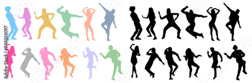 Dancing people silhouettes black and colorful. Teenagers, Young girl and boy dancing street dance, hip hop at party or night club. Outline vector drawing isolated on transparent background. 