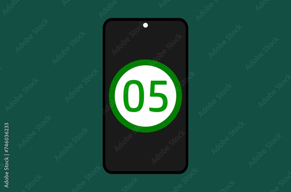 A phone screen showing number five within a circle isolated on a greenish background A phone screen showing number five within a circle isolated on a greenish background