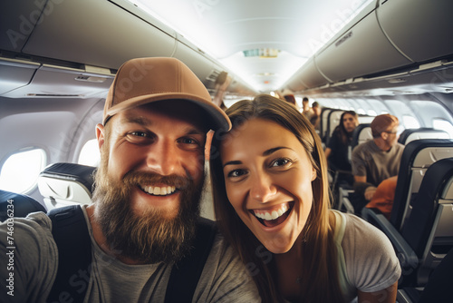 A couple on an airplane takes a selfie. Travel concept © Evgeniya