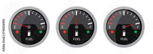 Fuel gauge meter vector illustration with low, medium and full fuel indicator for bike car in vintage style on white background.