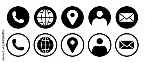 Visiting card icon set with phone, call, contact, message, location, globe and profile symbol in black and white color on white background. photo