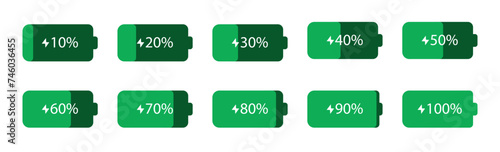 Battery charge level indicator in green color. Horizontal style battery charging progress icon set with 10%, 30%, 70%, 90% and 100% percent on white background.