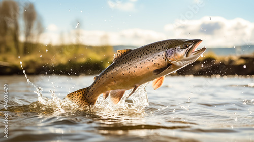 Fishing. Trout fish jumping with splashing in water.
