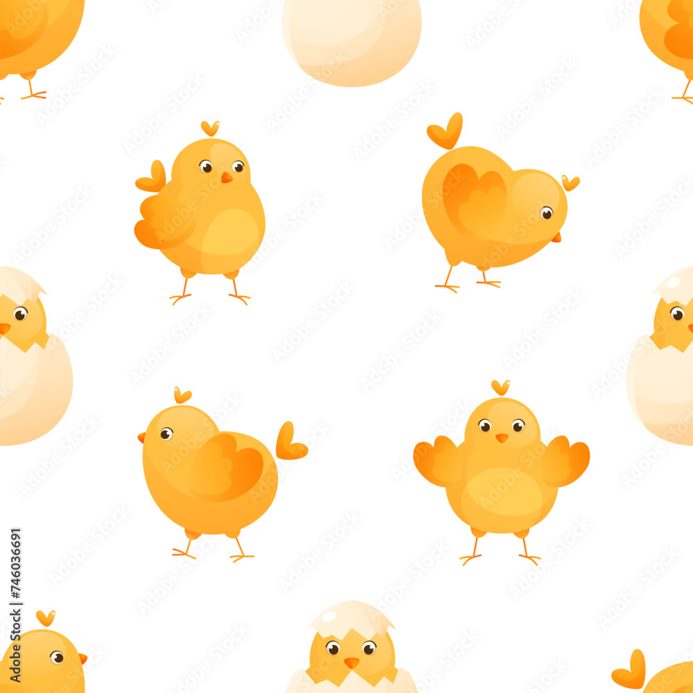 Seamless pattern with yellow chickens on a white background. Farm domestic small birds. Easter chicks. Vector pattern, background with chickens and foliage. Suitable for packaging design, textiles
