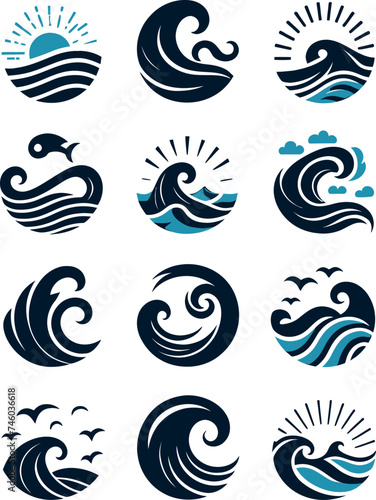 set of sea wave sunset logo icon silhouette symbols clipart, sunset logo concept