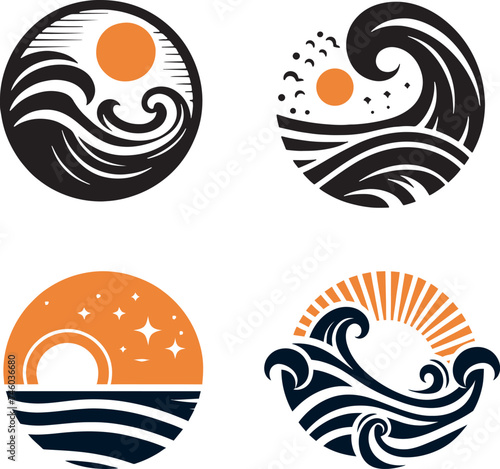 set of sea wave sunset logo icon silhouette symbols clipart  sunset logo concept