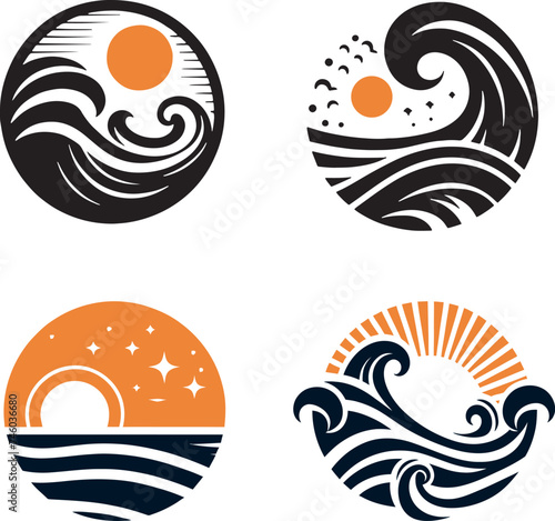 set of sea wave sunset logo icon silhouette symbols clipart, sunset logo concept