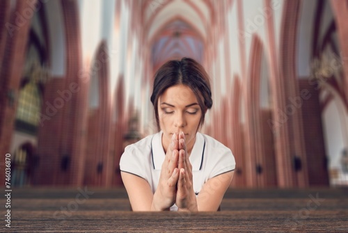 Christian Woman In a Church For Praying,