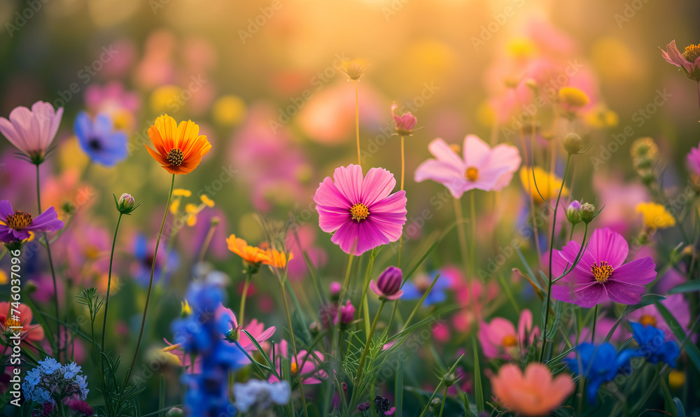 A vibrant field of multicolored flowers bathed in golden sunlight, showcasing nature's beauty