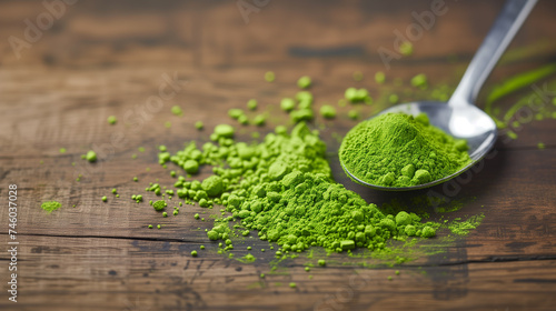 powdered green tea with bamboo spoon on the wooden vintage table