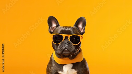 French bulldog dog with glasses on solid color background. © andrenascimento