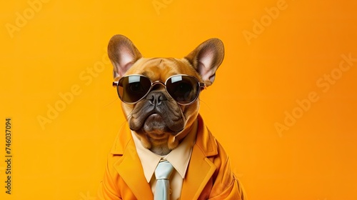 French bulldog dog with glasses on solid color background. © andrenascimento