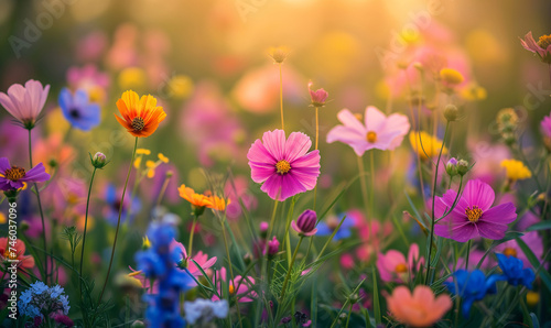 A vibrant field of multicolored flowers bathed in golden sunlight, showcasing nature's beauty © Ms_Tali