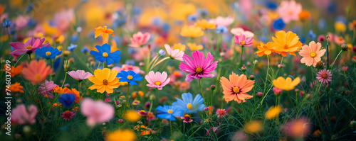A vibrant field of multicolored flowers bathed in golden sunlight, showcasing nature's beauty © Ms_Tali
