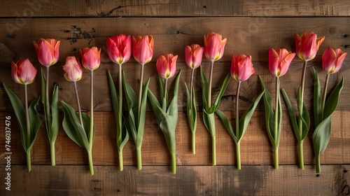 Our image showcases a row of tulips on a wooden background with space for a message-an elegant Mother's Day background, perfect for expressing love and appreciation #746037476