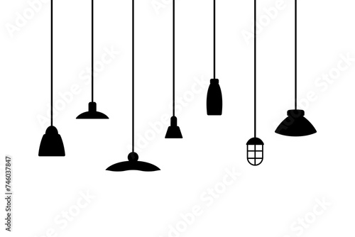 Various hanging ceiling lamps. Lamp, chandelier. Black silhouette. Front side view. Vector simple flat graphic illustration. Isolated object on a white background. Isolate.