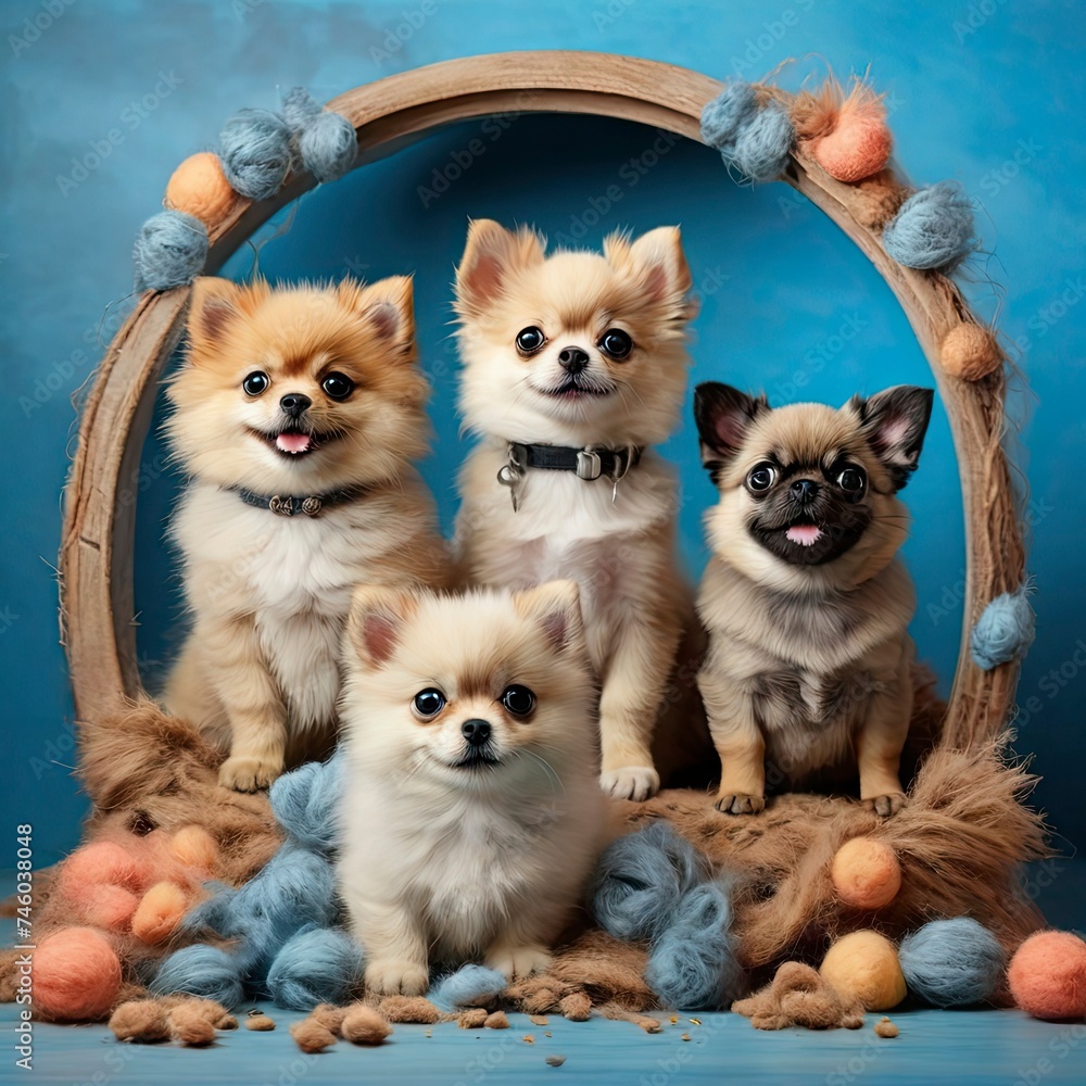 Funny Dogs with Infectious Smiles: A Side-Splitting Adventure on a Stylish Blue Backdrop - Watch Pomeranian Spitz, Chihuahua, and Pug Puppies Conquer a Colorful Obstacle