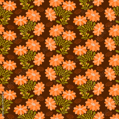 Seamless pattern with orange flowers on a dark background. 