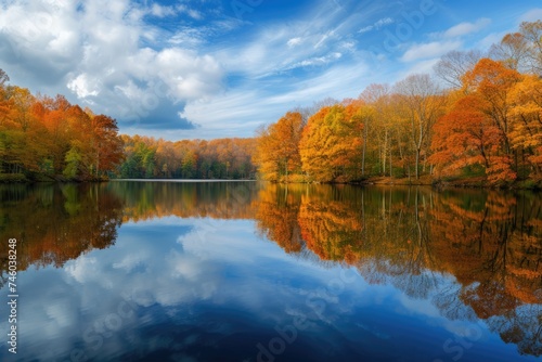 Crisp autumn colors reflected perfectly in the still waters of a serene lake, with a backdrop of a clear blue sky and fluffy clouds. Resplendent.