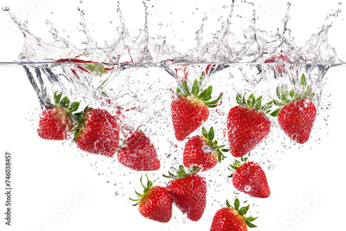 Fresh strawberries fall into water with splashes on a white background. Strawberries in water with air bubbles