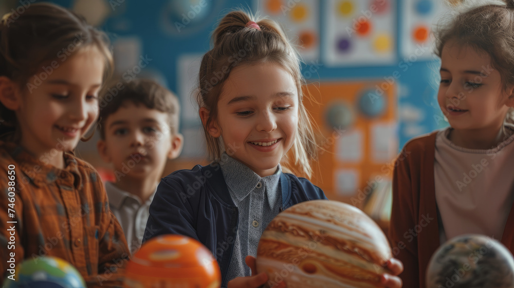 Fototapeta premium An adorable schoolgirl studying in a classroom with classmates.