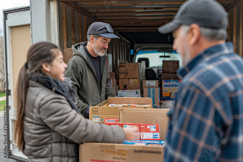 Family unpacking moving boxes out of truck for removal