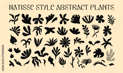 Mattise style abstract plants cutouts shapes and forms elements set. Simple flowers and leaves vector illustration collection, different types of floral decorative elements kit for design, poster 