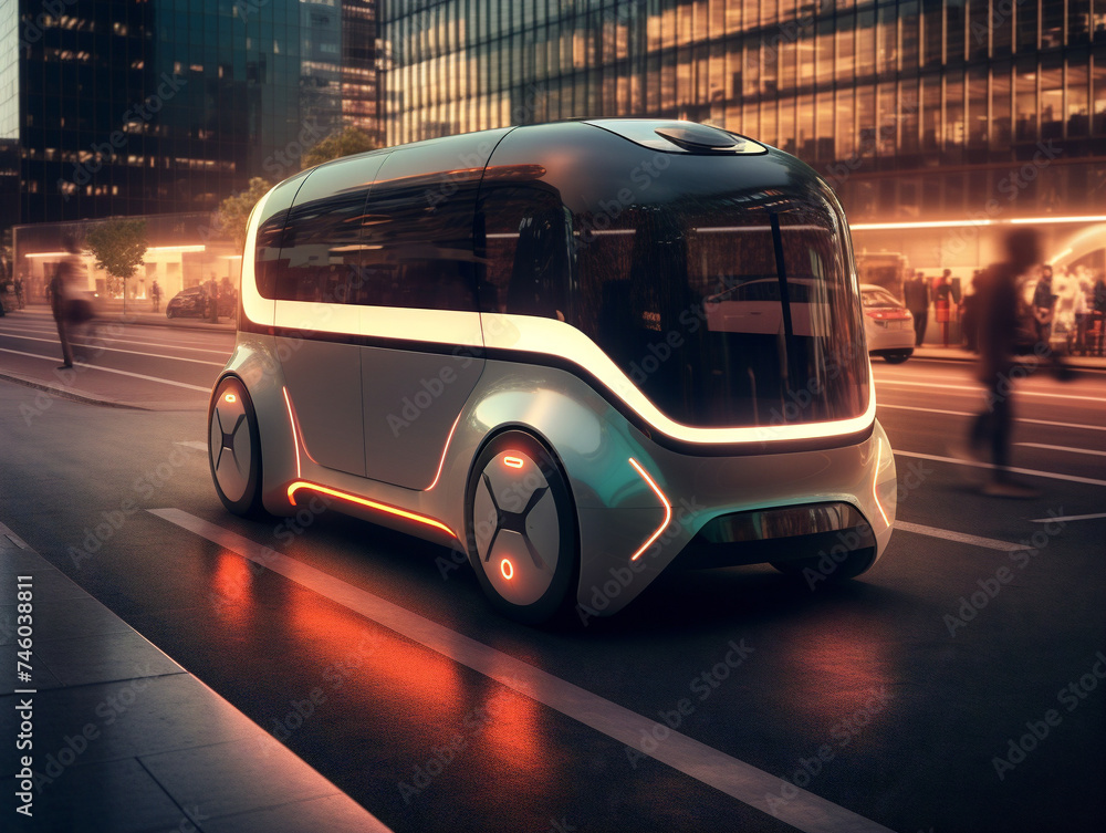 Naklejka premium Futuristic concept car designed for shared mobility, featuring sleek design and advanced technology.