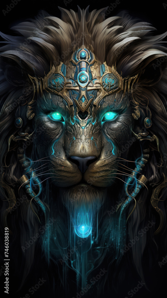 Head of a magical Lion on a dark background.