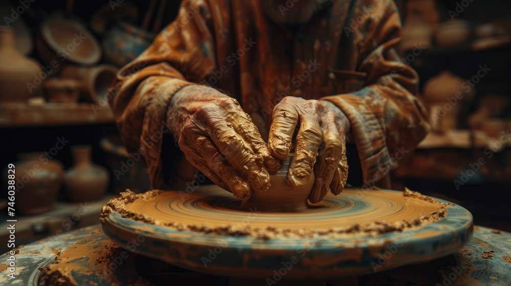 A man shaping clay on a potters wheel. A man shaping clay on a potters wheel.
