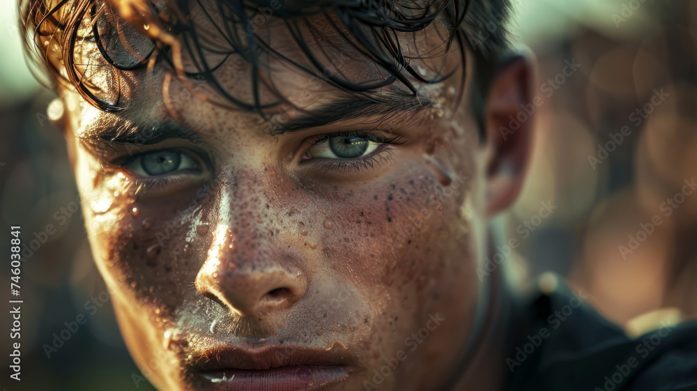A young man looks at the camera with a sad expression. A young man looks at the camera with a sad expression.