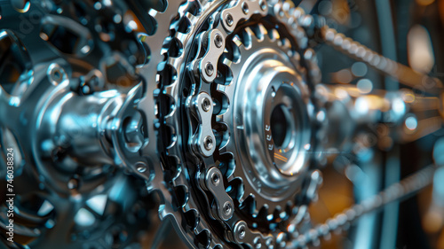 Close-up of metallic gear and chain on a bicycle.