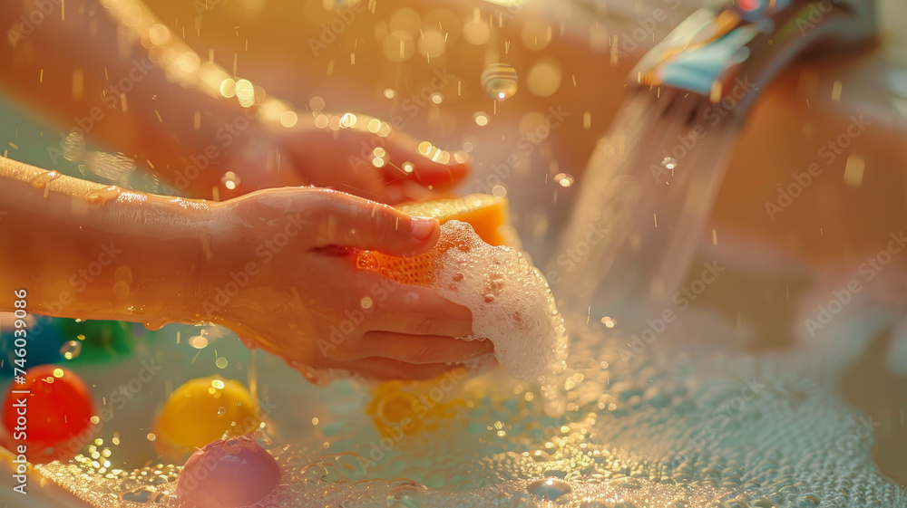 Fototapeta premium A child playing with soap and water.