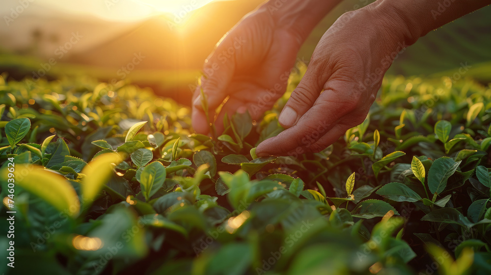 Fototapeta premium Woman holding freshly picked tea leaves in a tea plantation at sunset.
