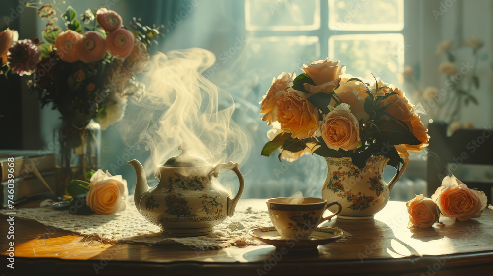 Fototapeta premium Romantic breakfast with hot tea and roses.