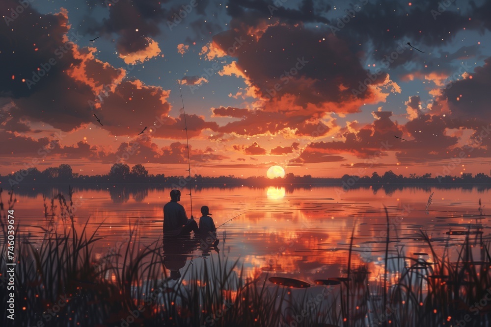 A heartwarming scene of a father and child fishing together on Father's Day, with a beautiful sunset in the background