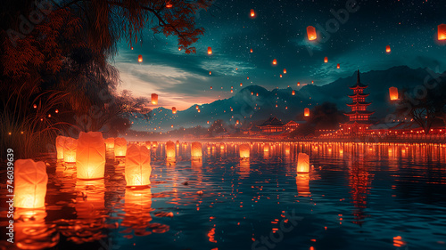 Nighttime Lantern Festival Along Serene River © КирТоп Менеджер