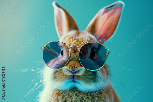 Stylish Bunny Wearing Sunglasses on Blue Background