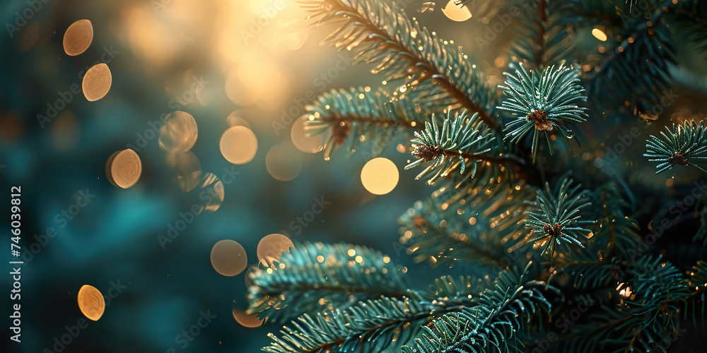 Fir tree brunch close up. Fluffy bokeh fir tree Fir tree brunch close up. Fluffy bokeh fir tree