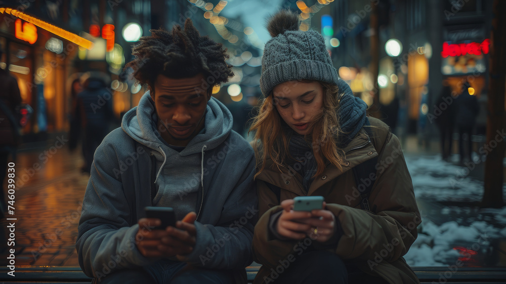 A couple using smartphone outdoors.