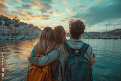 Friends hugging by the harbor at sunset.