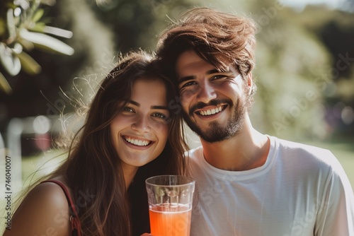 handsome caucasian young man and woman with a glass of juice in the nature background