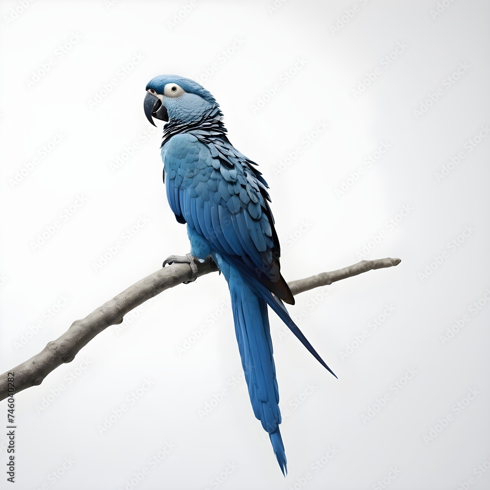 Fototapeta premium Blue macaw parrot sitting on a branch on a white background isolated