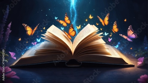 "Fantasy Book Illustration with Open Magic Book, Butterflies, and Magical Elements" © Rifat